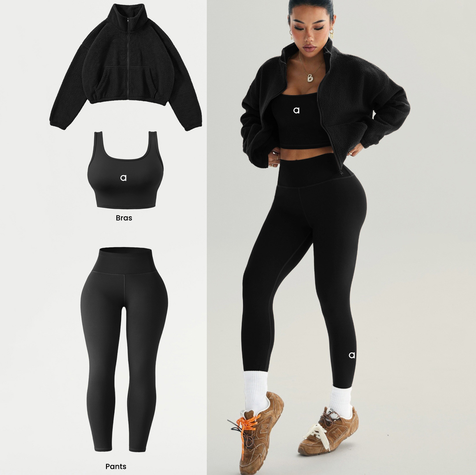 Women's New Fall Winter Collection Fleece Hoodie quarter zip jacket Three-Piece Yoga Outdoor and Casual Sports Set tank Yoga Pant