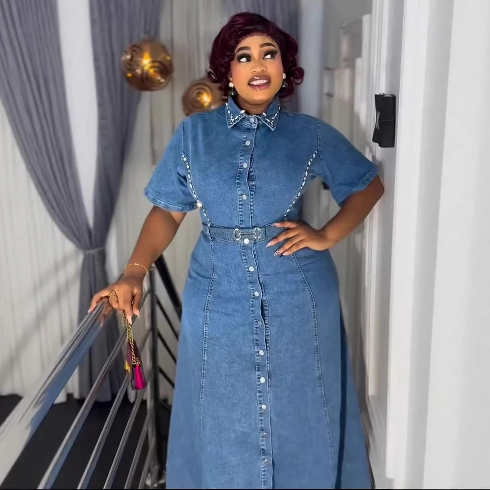 Women's Denim Vintage Maxi Shirt Dress Lapel Singlebreasted Washed Short Sleeves With Belt Summer African Casual Long Dresses 261015