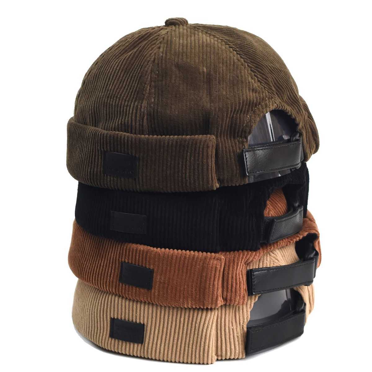Beanie/Skull Caps Retro Beanie Hat Unisex Solid Cap Streetwear Hip Hop Brimless Hats Vintage Corduroy Docker Caps For Men Adjustable Dome HatsT26101