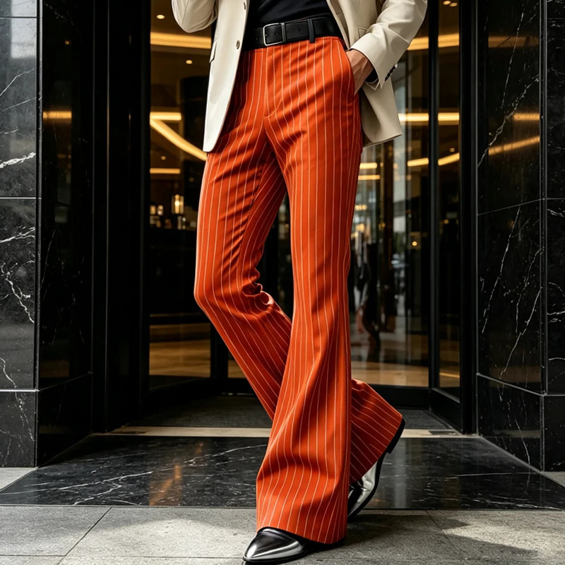 Mens Striped Flare Pants High Waist Slim Fit Wide Leg Bell Bottom Trousers Business Casual For Party Wedding Streetwear 261016
