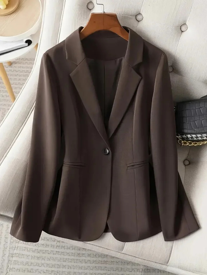 Elegant Brown Blazer for Women Single Button Slim Fit Business Commuter Suit Jacket Korean Fashion OL Style SpringAutumn 261017