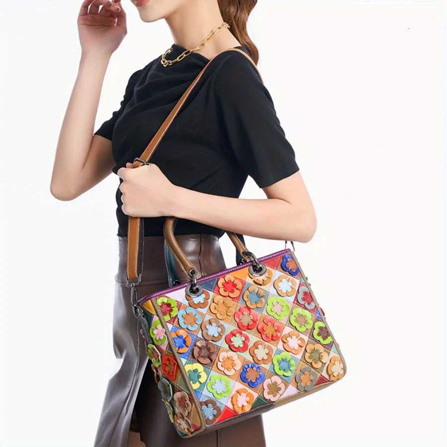Evening Bags Totes 2025 new fashionable top layer cowhide women's bag flower shoulder crossbody bag contrasting color large capacity handbag H2