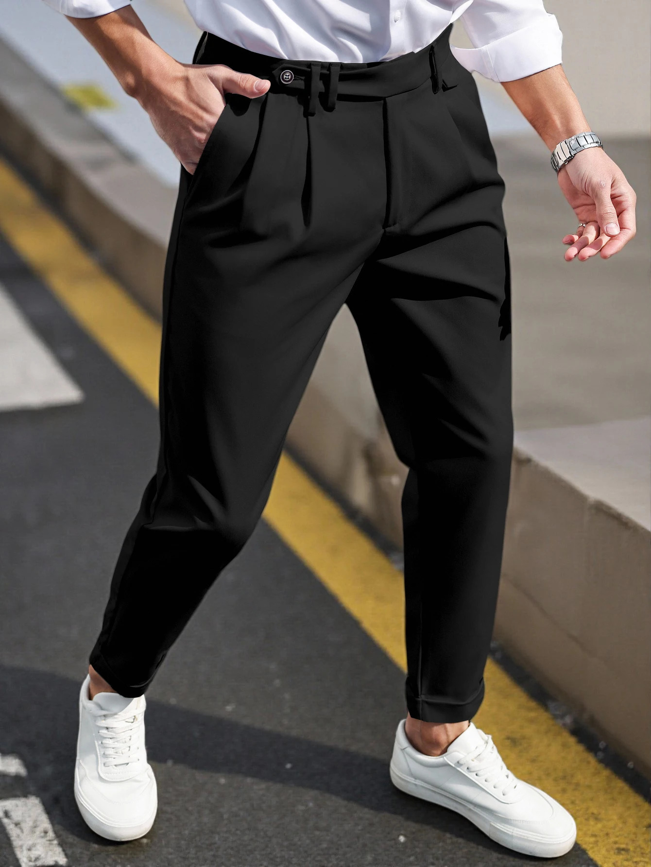 Mens Gurkha High Waist Pleated Cuffed Tapered Cropped Dress Pants 100% Polyester Business Casual Black Trousers 261017