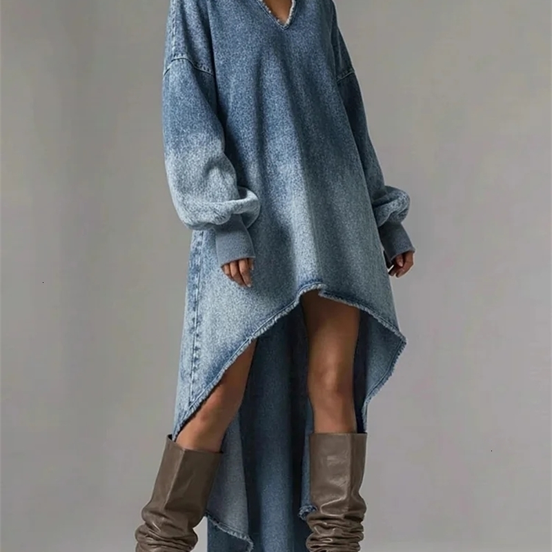 Fashion Casual V Neck Denim Dress Woman Elegant Lantern Sleeve Long Sleeve High Low Irregular Hem Mini Dresses 261015