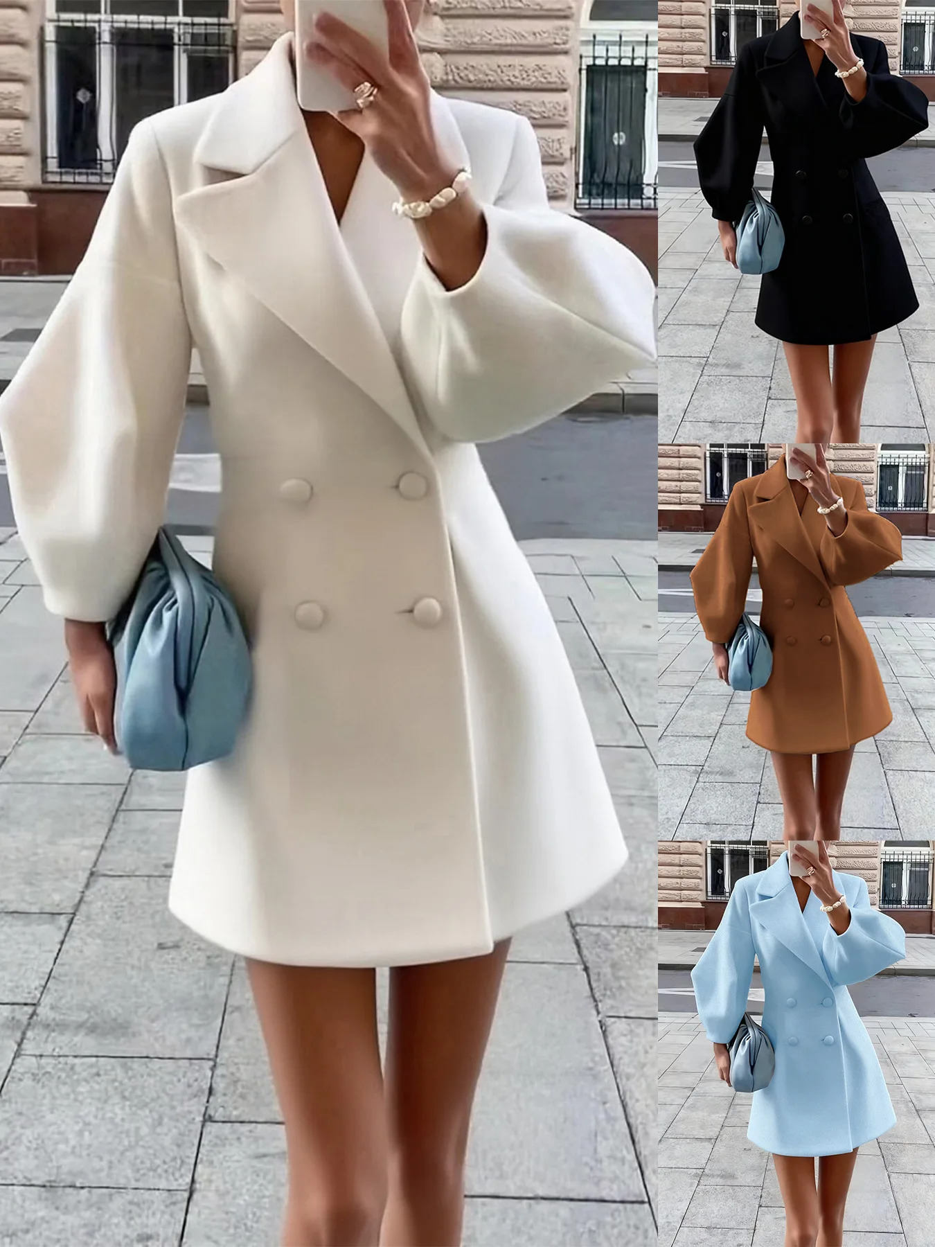 Retro European Style Lantern Sleeve Notch Collar Woolen Coat Short Length Vintage Court Fashion Women's Outerwear 261016