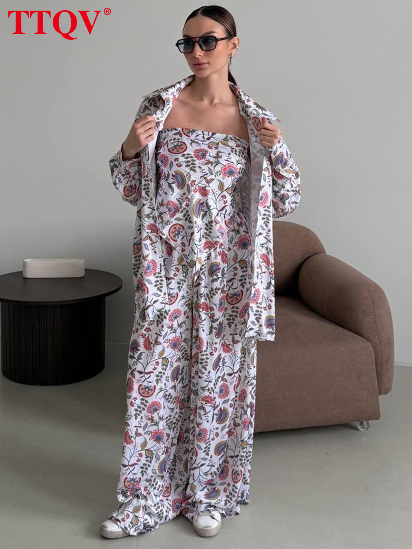 Fashion Loose Print Women's 3-Piece Sets 2026 Elegant Long Sleeve Blouse + Tank Top With High Waist Wide Pants Set Female