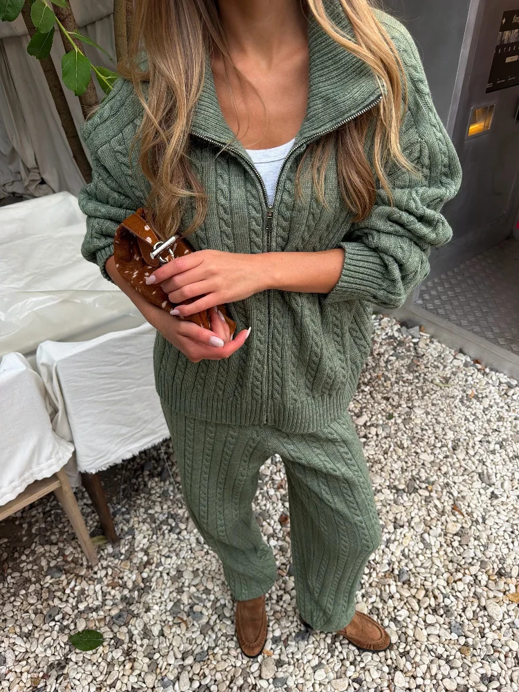 Women Solid Turtleneck Cable Knit Sweater Wide Leg Pants 2 Piece Set Long Sleeve Half Zip Pullover Fashion Casual Loungewear Set 261016