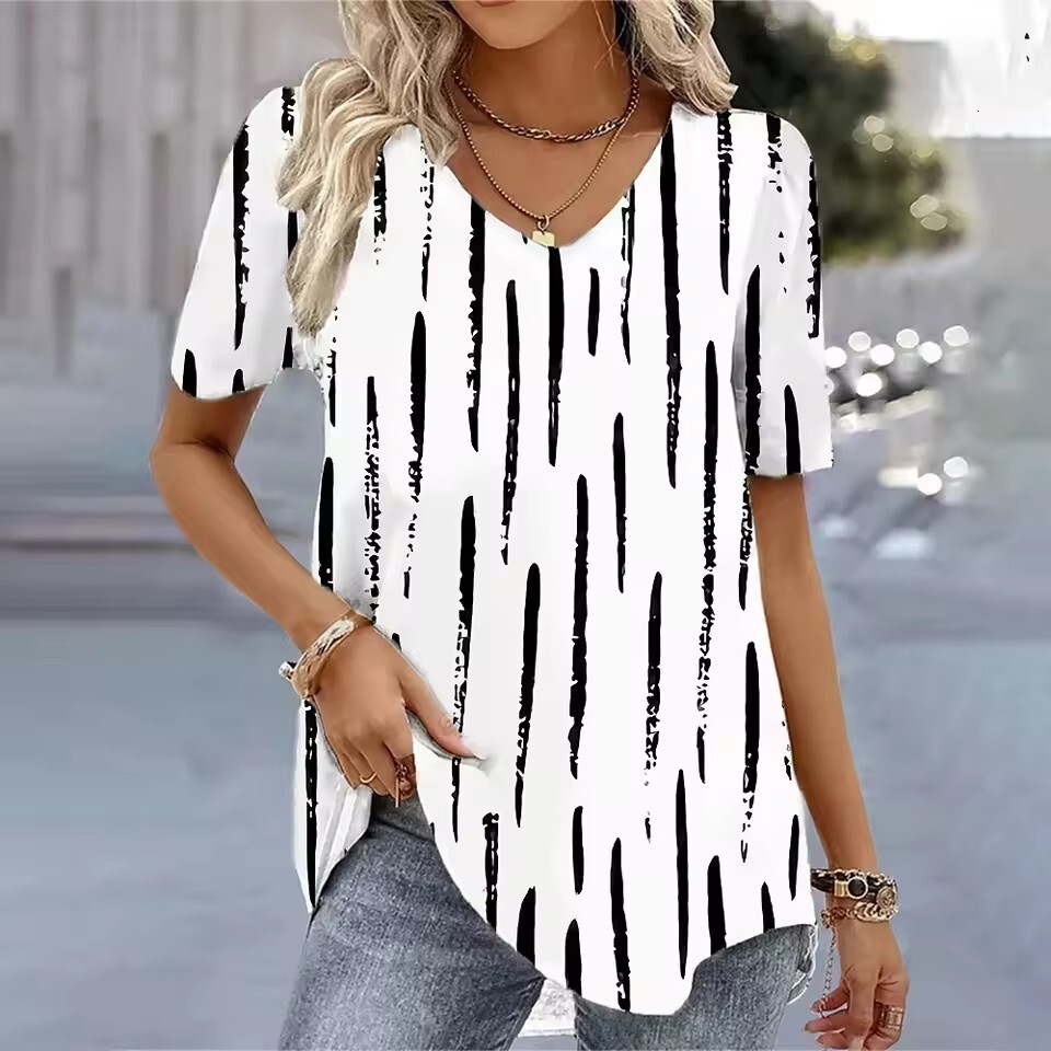 2026 Women's Summer Loose-Fitting, Cotton-Like Fabric, Street-Style V-Neck Short-Sleeve T-Shirt With A European American Bat-Themed Slogan And