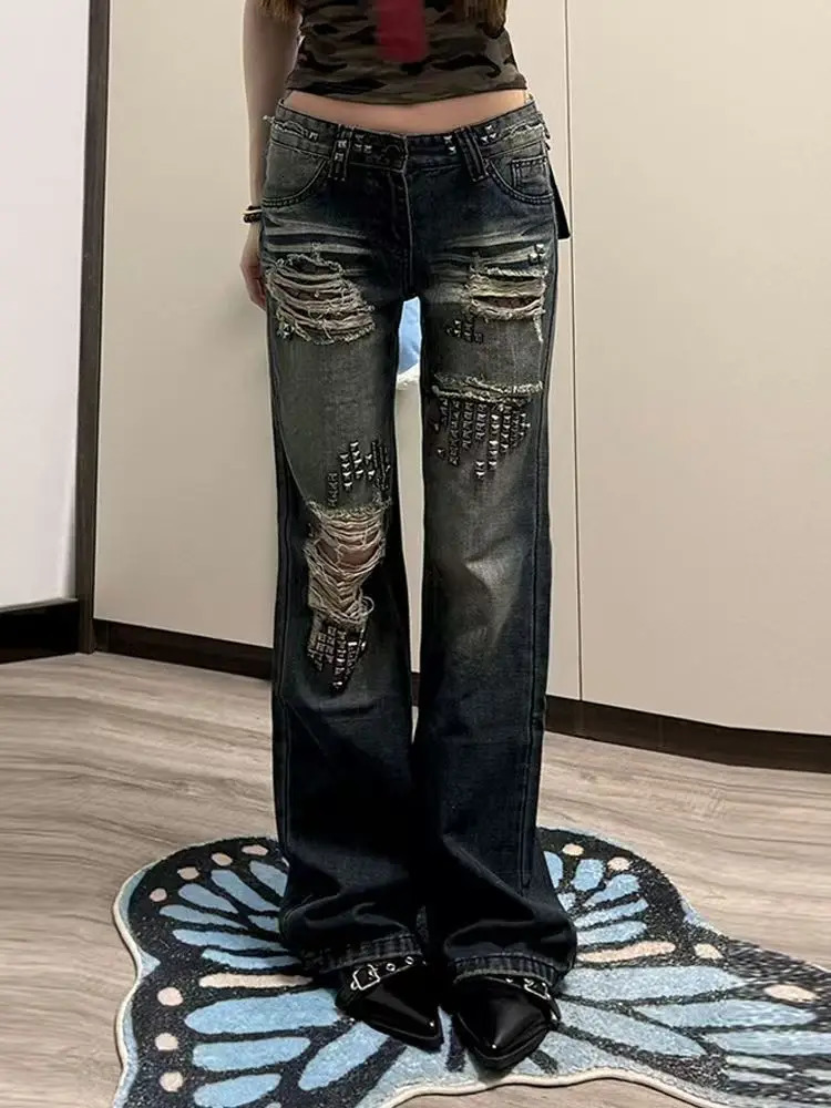 American Style Spicy Girl with Rivet Splicing Jeans Women Retro Distressed Floor Length Pants 261016