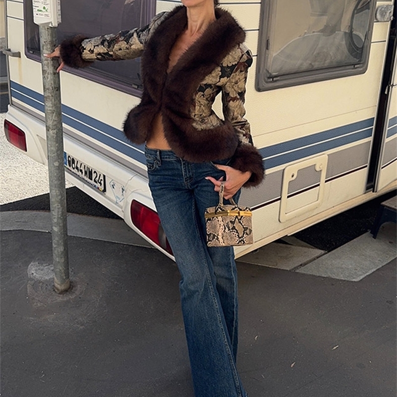 Vintage Floral Print Faux Fur Trim Coats Women Furry Collar Cuff Full Sleeve Slim Cropped Jacket 2026 Winter Lady Outerwear 261016