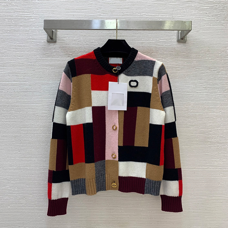Designer Women Mulitcolor Knit Cardigan Retro Crew Neck Cropped Rib Trim Button Sweater Autumn Vacation Stroll Dinner Knit Coat