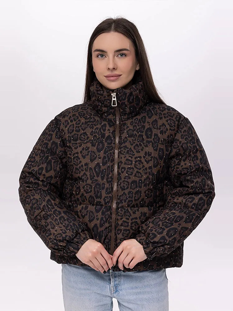 Leopard Print Rhinestone Women Stand Collar Zip Up Cropped Padded Jacket Long Sleeve Loose Winter Coat 2026 Daily Chic Jackets 261015