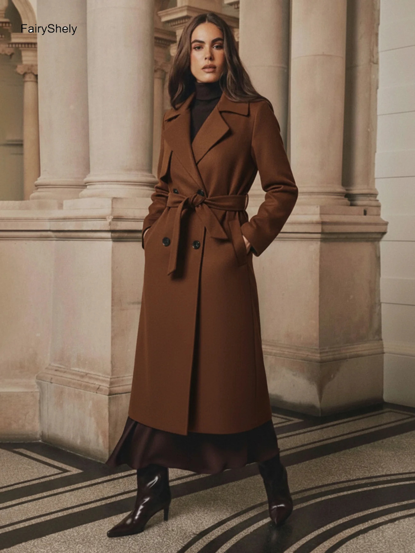 2026 Winter Casual Brown Woolen Long Jacket Women Turn Down Collar Sleeve Coat Lady Autumn Elegant Button Lace UP Suit 261015