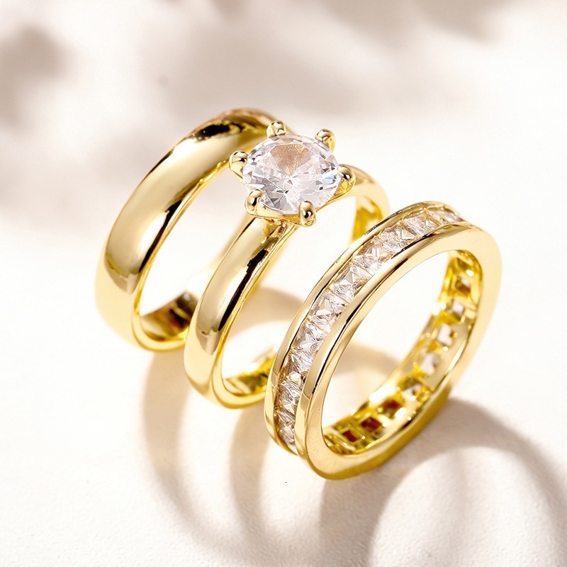 Huitan's New Foreign Trade Three-Ring Set, Classic Six-Prong-Set Cubic Zirconia Couple Rings, Light Luxury And Fashionable Ol-Style Rings For W