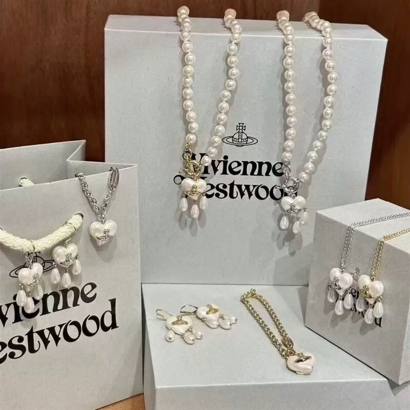 necklace High Version Xijia New Saturn Heart Three Water Drop Pearl Necklace High-end Sweet Cool Style Collarbone Chain for Women