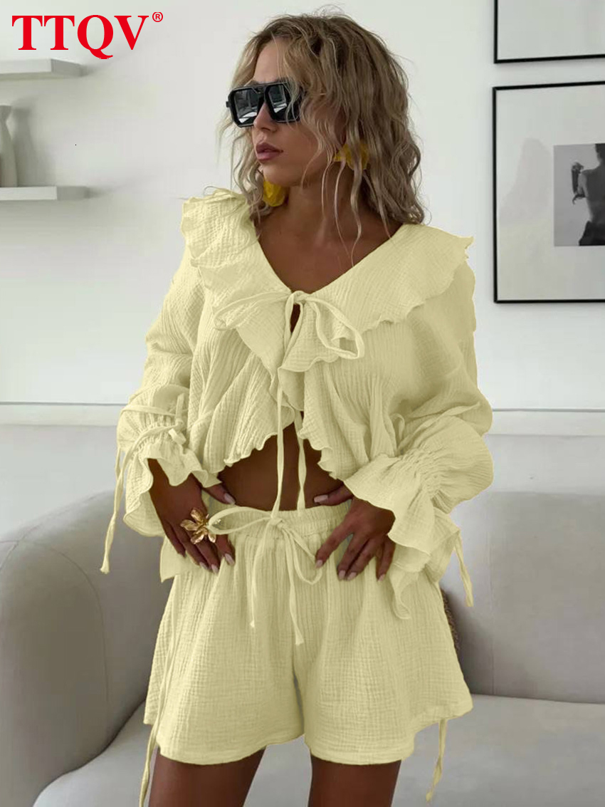 2026 Fashion Loose Blue Cotton Women's 2-Piece Sets 2027 Casual Long Sleeve Shirt With High Waist Shorts Set Female Clothing