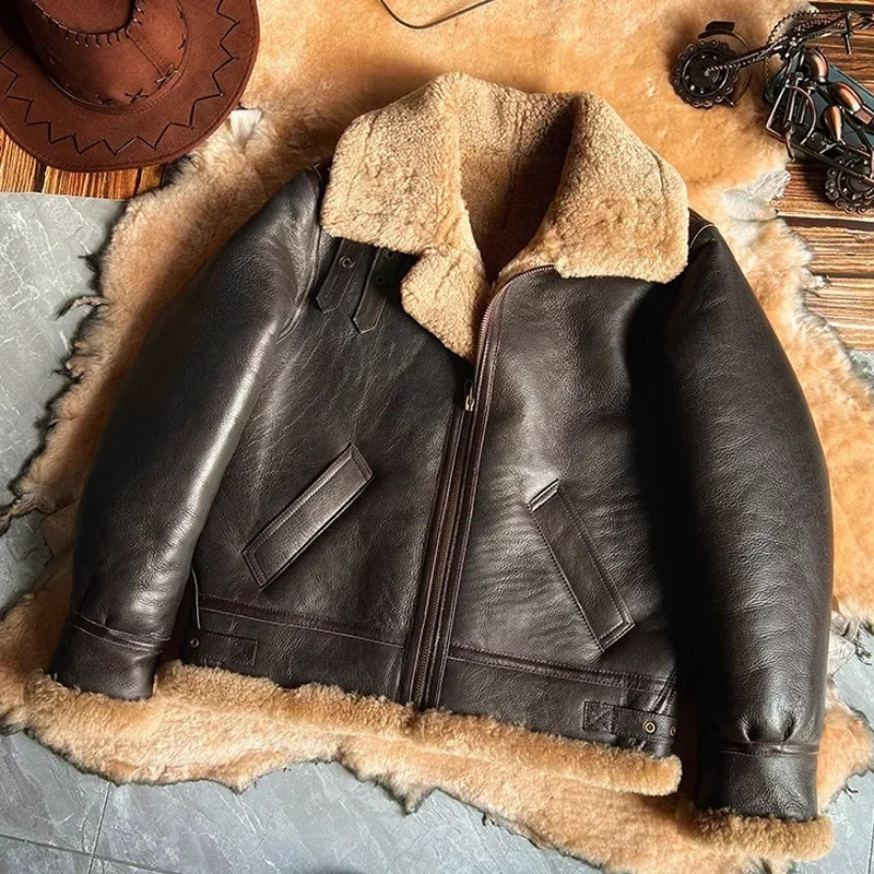 Fashion Men's Winter Coat Genuine Leather Natural Sheepskin Shearling Jacket Thick Wool Liner Brown Plus Size XXXXXXL 261012