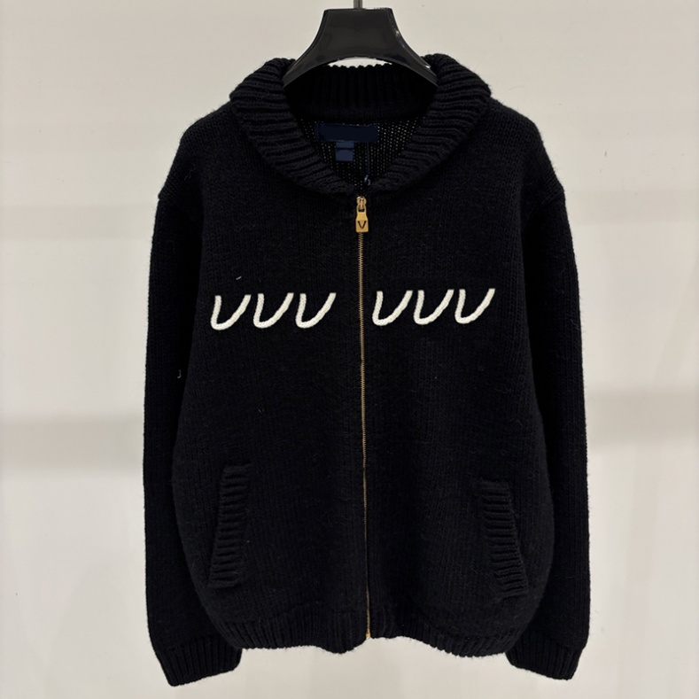 Lapel Crochet Knit Cardigan Women Zipper Letter Embroidery Ins Style Jacquard Cardigans Autumn Daily Outfits Sporty Knits