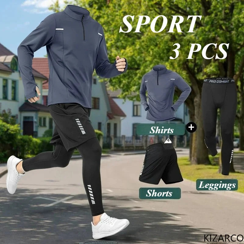 2026 Autumn Men's Quick Dry Jacket Suit 3 Piece Outdoor Fitness Running Sets Sports Jogging Pants Workout Clothes Sportswear 261013