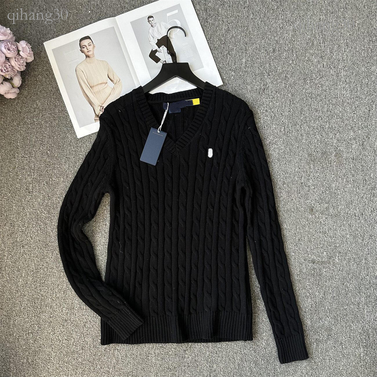 Ralfs Laure Women Designer Pony Embroidery Sweater Luxury Clothes Women V Neck Long Sleeve Solid Color Wool American Style Knitted Polo Sweater Pull