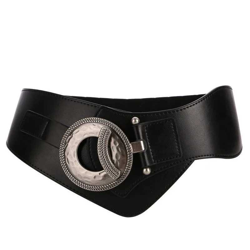 Blk Women's Design Belt Elegent Leather Stre Wide Belts with Metal Hook Buckle M261016