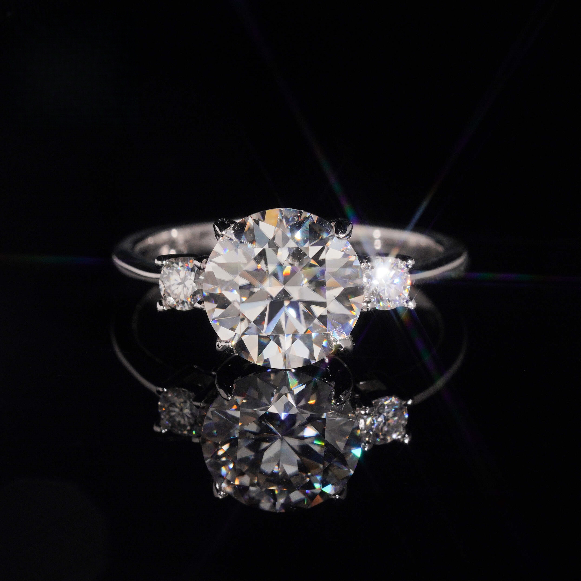 Factory S925 Sterling Silver 3 ct Round Three-Stone Moissanite Ring, Three Lives Stone Engagement Ring
