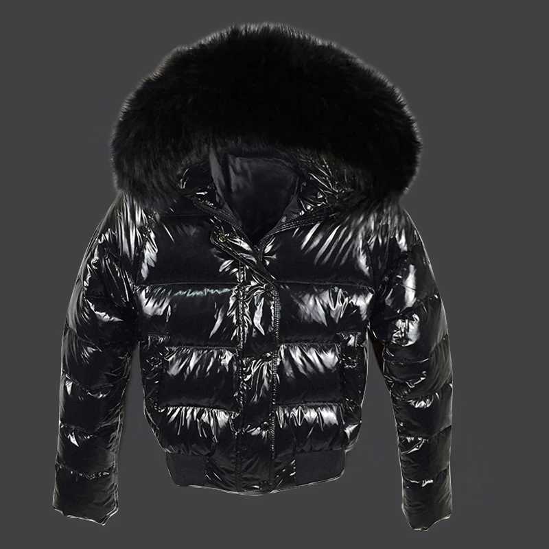 Women's Down Parkas Fake Fur Coat Waterproof Autumn Winter Hooded Parkas Glossy Female Outerwear Fashion European Black Short Coats Women'