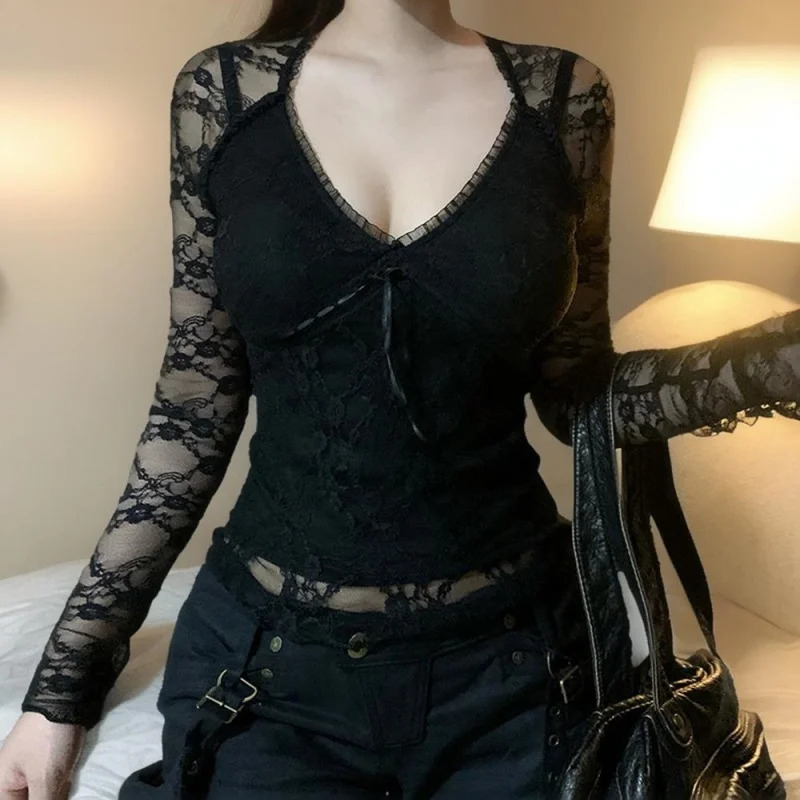 Lamuusaa Lace Top y2k Coquette Clothing Women Ruffle Trim V Neck Tie-up Front Long Sleeve T Shirt 2000s Clothes Club Streetwear 261015