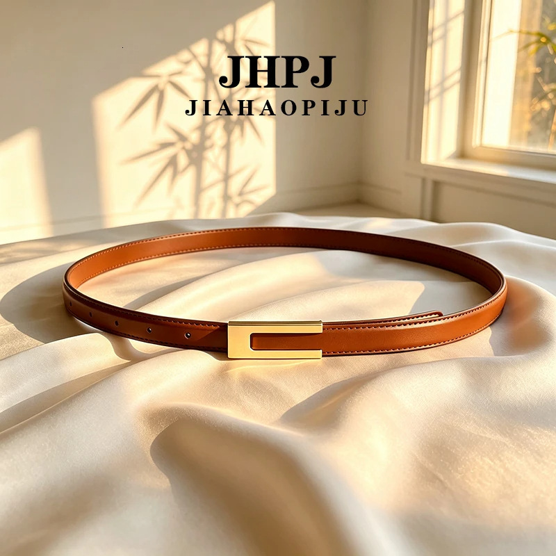 Designer Womens Smooth Faux Leather Belt Gold Rectangular Metal Buckle Slim Waist Belt For Dresses Jeans Daily Casual Outfit Fashion Accessory Gift