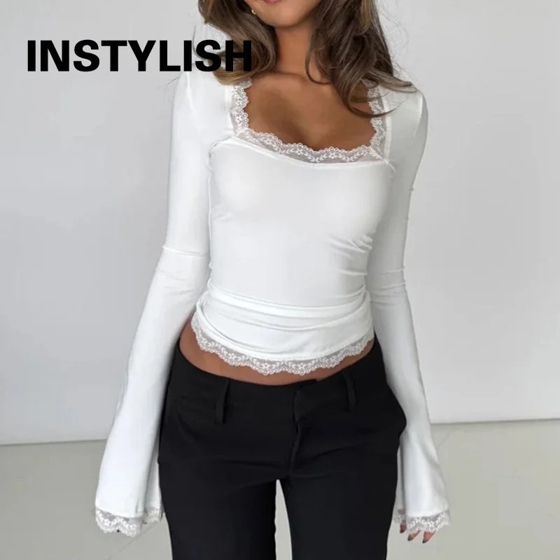 Y2K Lace Square Neck Women Crop Top Flare Long Sleeve Slim Fit T Shirt Elegant Low Cut Cropped Tees Lady Casual Going Out Blouse 261015