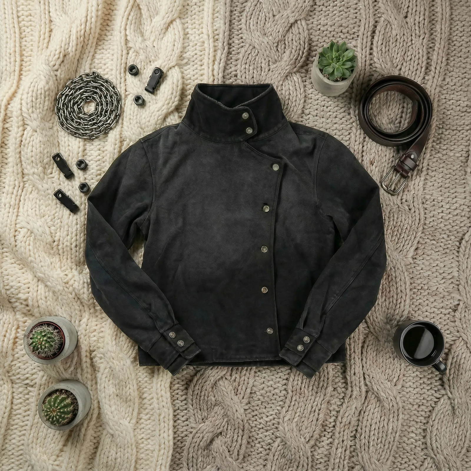Trendy Men Womens Black Asymmetrical Collar Short Jacket Y2K Retro Denim Coat Casual Fashion Harajuku Stand Up Collar Coat 261016
