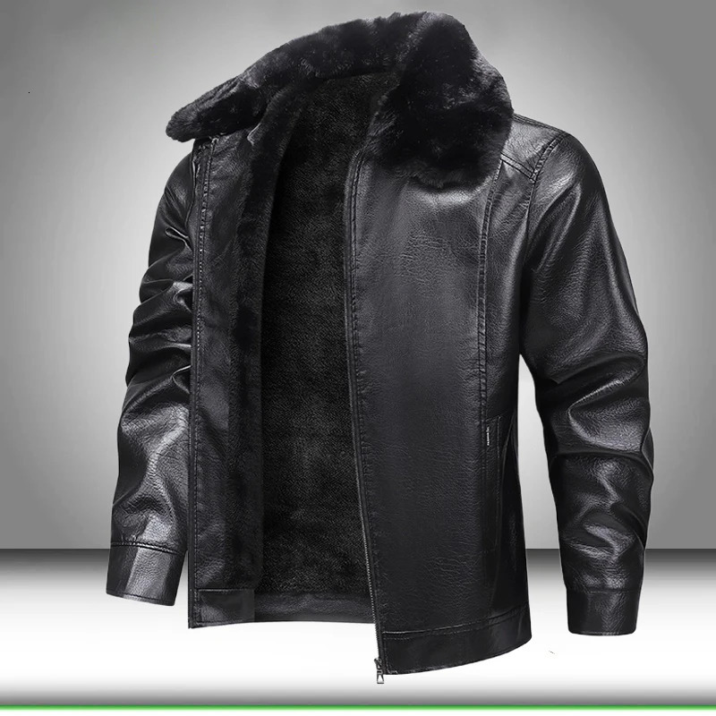 Fur Collar Men Faux Leather Jacket Winter Fleece Lined Biker Jackets Fashion Motorcycle Leather Coat Outwear Casual Streetwear 261012
