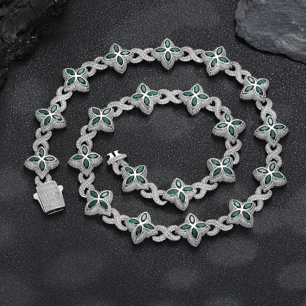 2027Luxury Colorful Clover Infinity Link Chain 8mm Iced Out 5A S925 silver Four Leaf Clover Necklace Lucky Jewelry for Women Men