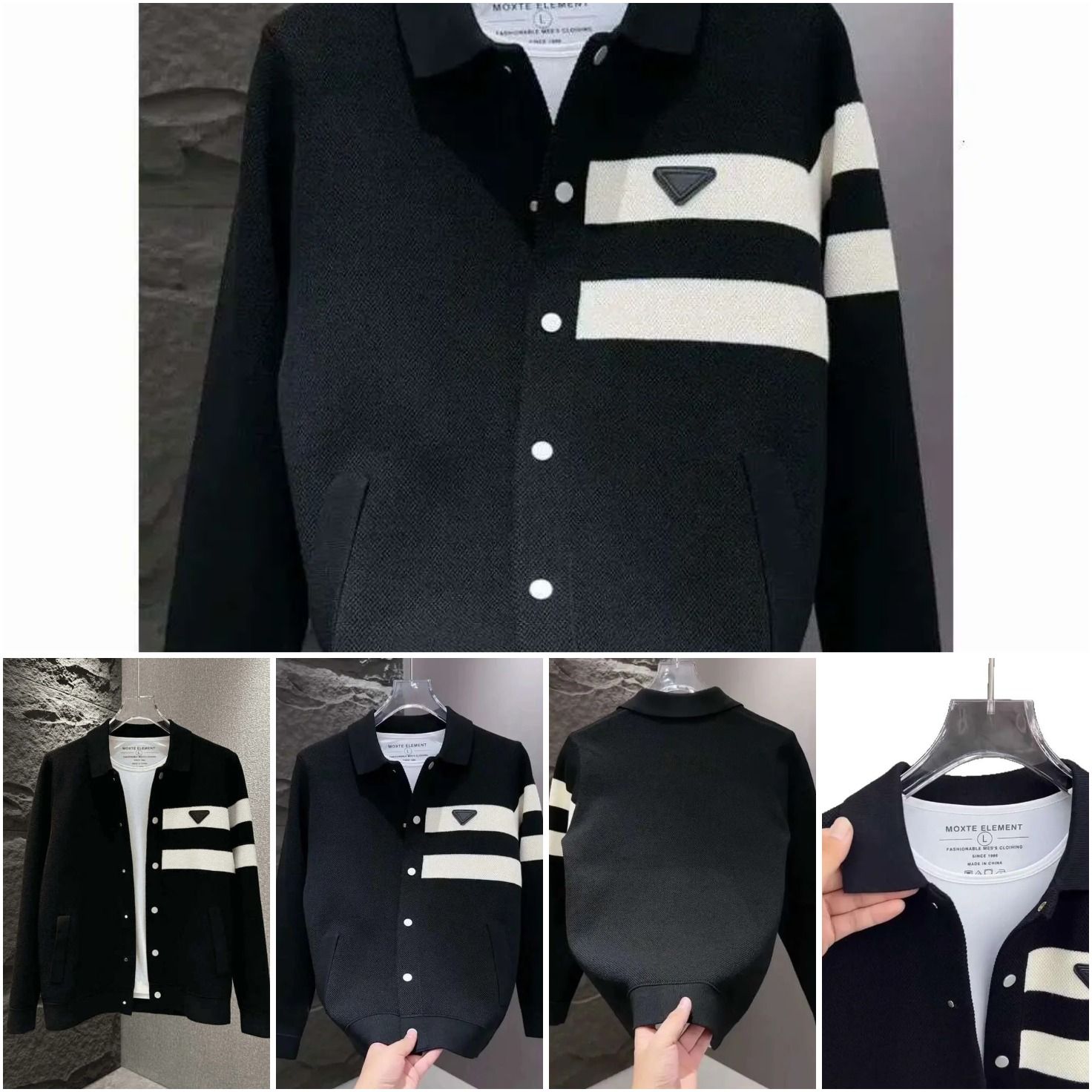 Free ShippingAutumn New Men 's Fashion High Elastic Knitted Jacket Turn-Down Collar Simple Versatile Sweater Trendy Black And White Striped Top