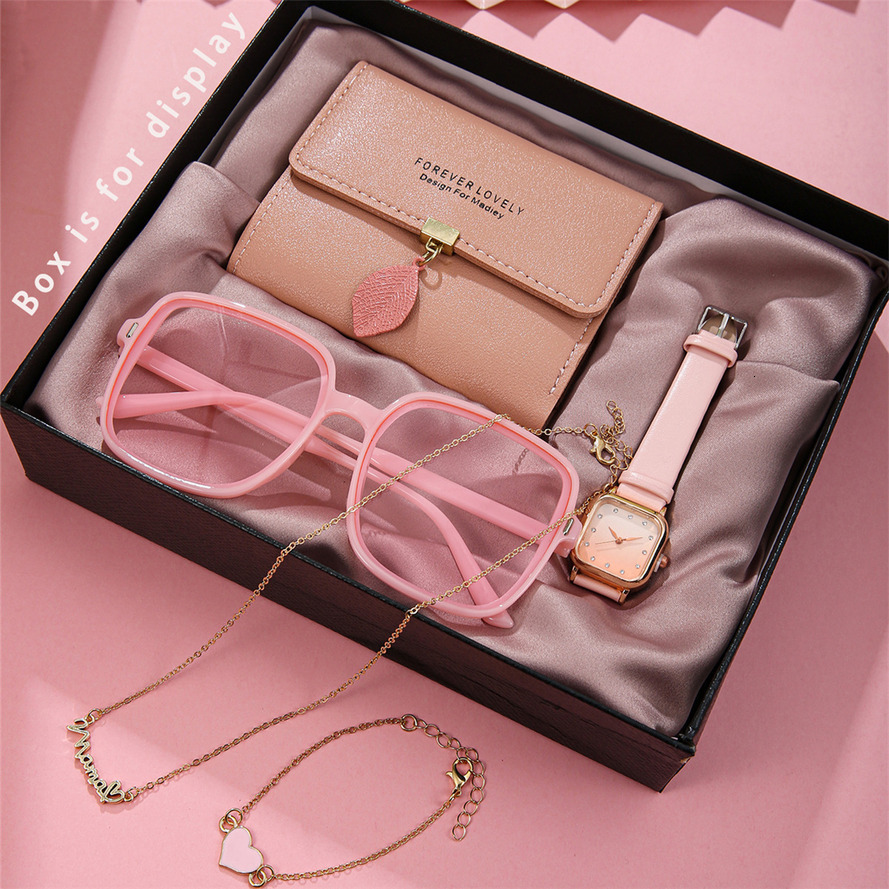 Cross-Border Vintage Leather Strap With Diamonds, Elegant Square Quartz Watch Bracelet quartz 5-Piece Gift Box Set Ladies ljh654