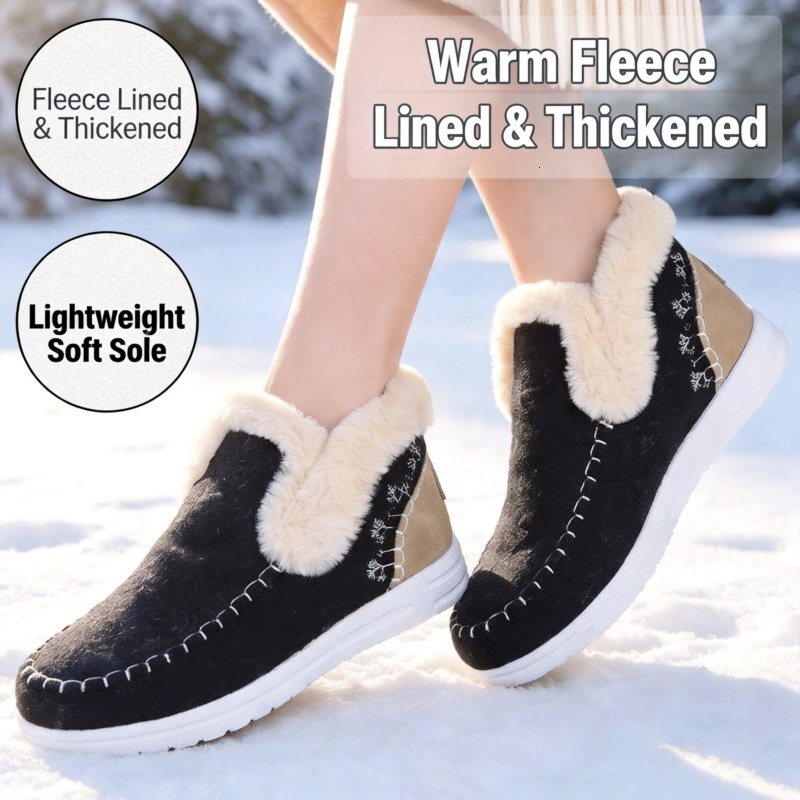 Winter Women Slip On Snow Boots Warm Fleece Lined Ankle Booties Moccasin Fur Collar Woolen Cotton Shoes Platform Outdoor Indoor