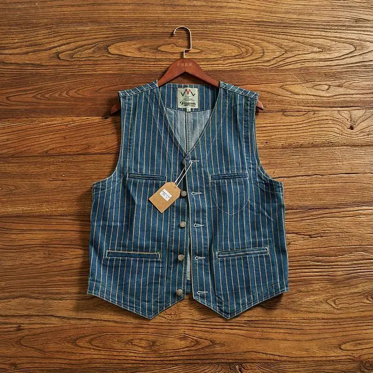 American Leisure Denim Vest Men Trendy Retro Old Striped Horse Clip American High-end Multi-pocket V-neck Layered Work Vest Men 261015