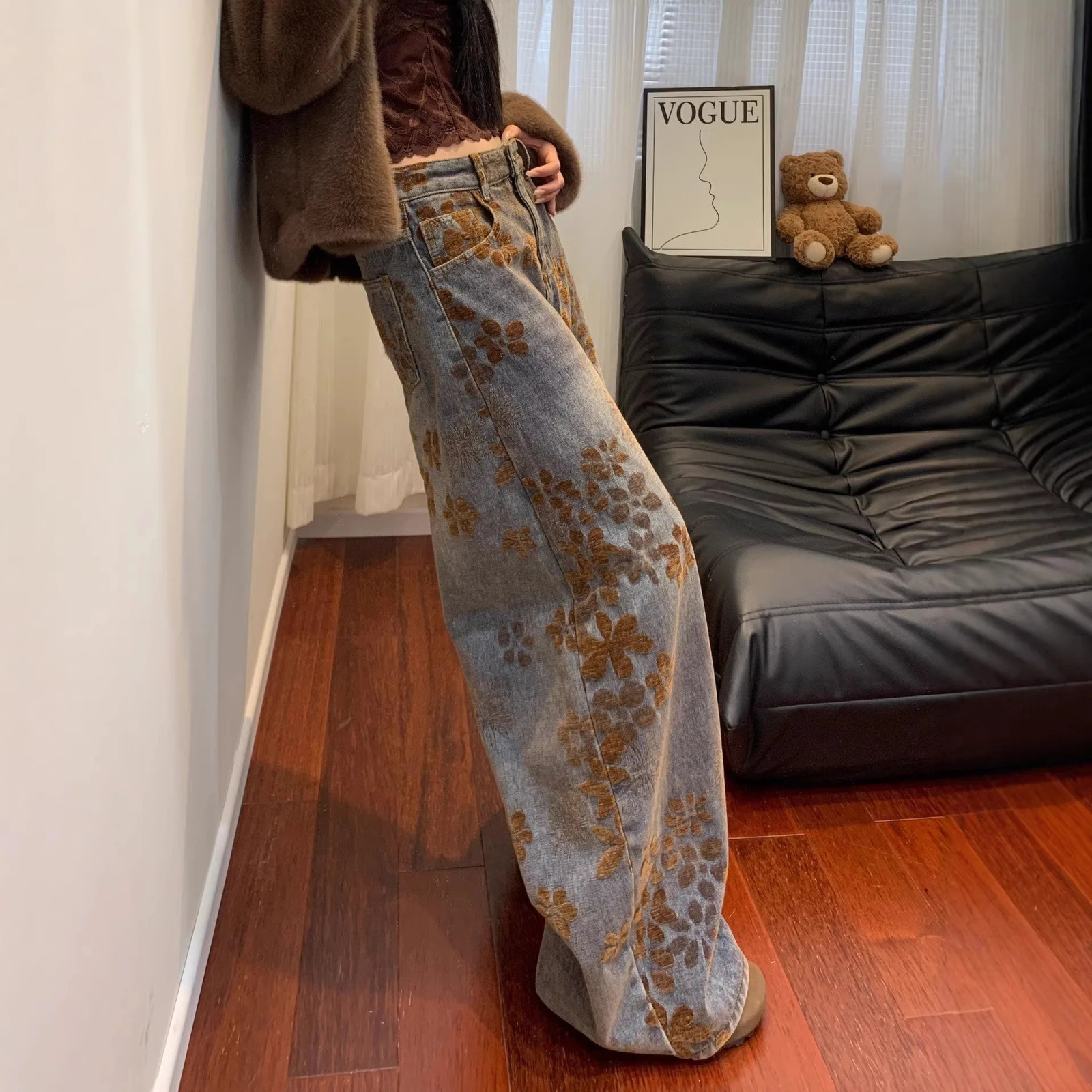 Retro Jacquard Jeans Women's Spring and Autumn Style High Waist Slim and Loose Wide Leg Pants 261015