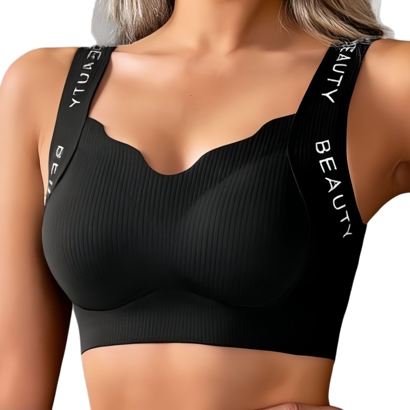 Ribbed Bras Wireless Bra Women Seamless Underwear Plus Size Wave Neckline Wide Strap Letter Print Support Sexy Lingerie M-3XL dongdumaoyi
