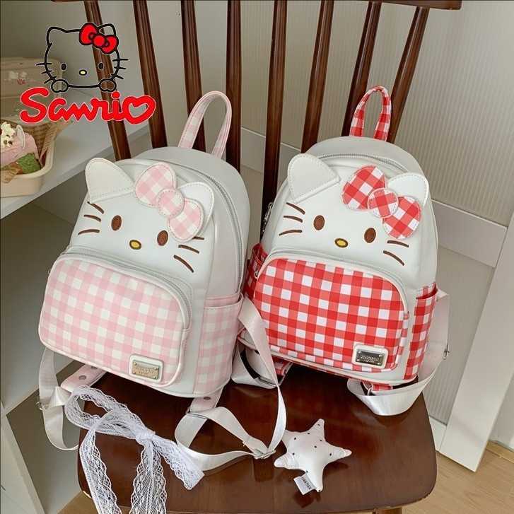 Sanrio Backpacks Koreanstyle soft and cute cat plaid backpack fashionable cartoon casual bag portable for going out a backpack that captures the hea