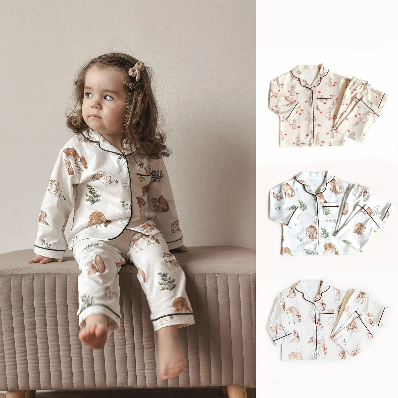 1-6T Toddler Kid Baby Boy Girl Clothes Set 100% Cotton Autumn Winter Pajamas Set Animals Print Top Pant Suit PJ Homewear Outfit 261015