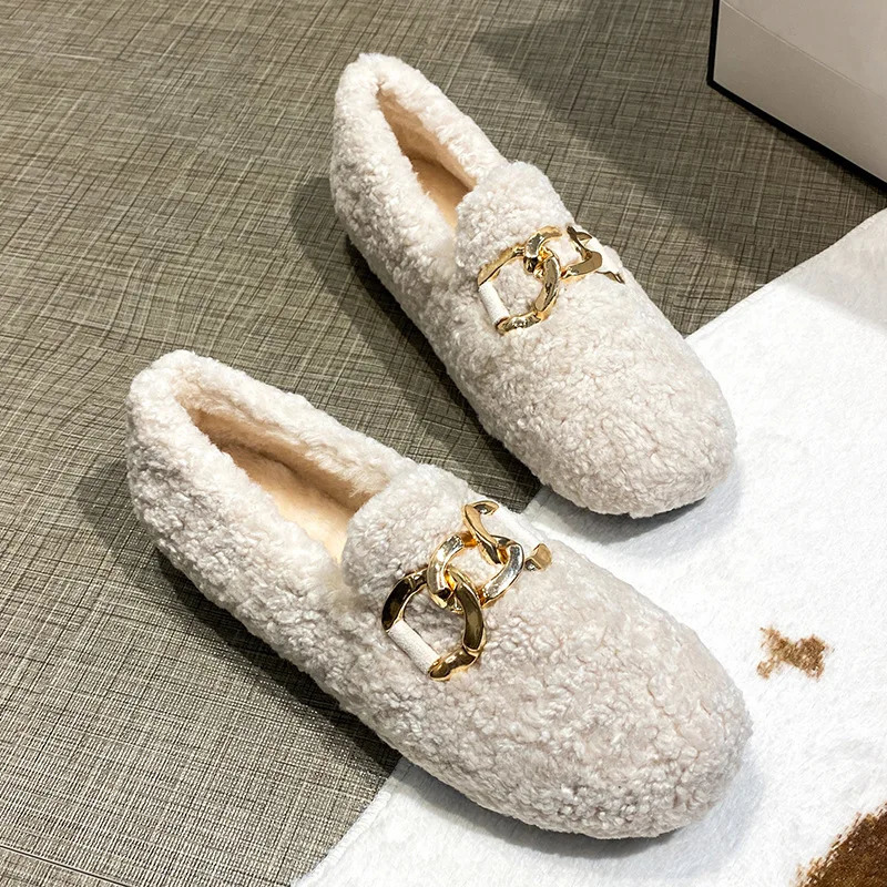 2025 Lambswool Flats Women Chain Mocasines Femme Slip On Shearling Boots Ladies Winter Curly Furry Loafers Women Cotton Shoes 261017