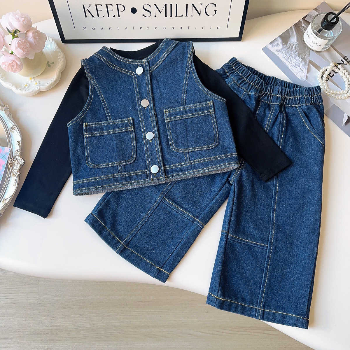 2026 M2 perfume New cologne Girls' Fashionable Outfit New Spring Autumn Denim Vest Top And Wide Leg Pants Two Piece Set Designer Girls'