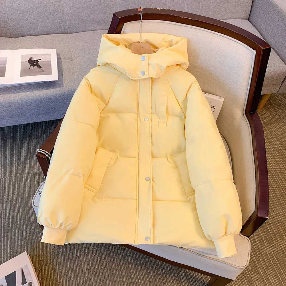 Women's Down Parkas Winter Hooded Women's Puffer Jacket Yellow Casual Loose Short Down Cotton Coat Solid Color Warm Bubble Outerwear with