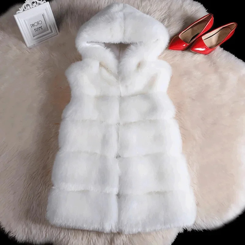 Lady Fashion Fur Waistcoat Coat Winter Female Medium Length Faux Fur Vest Top Korean Women Hooded Plush Sleeveless Outwear 261014