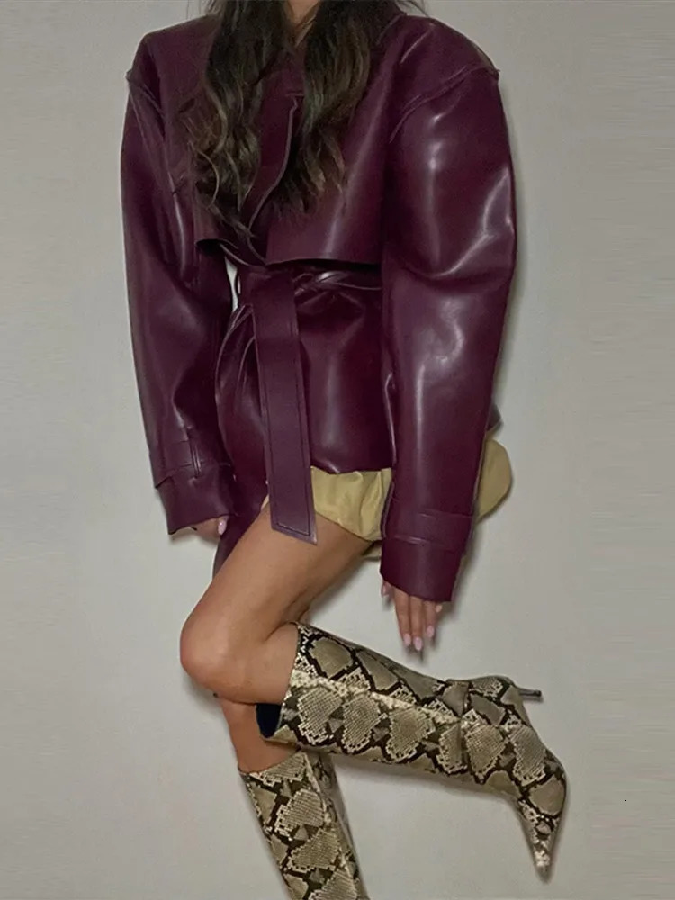 Women PU Leather Jackets Coats Solid Lapel Collar Lace Up Full Sleeve Loose Outwear Female Elegant Chic Daily Streetwear Coats 261016
