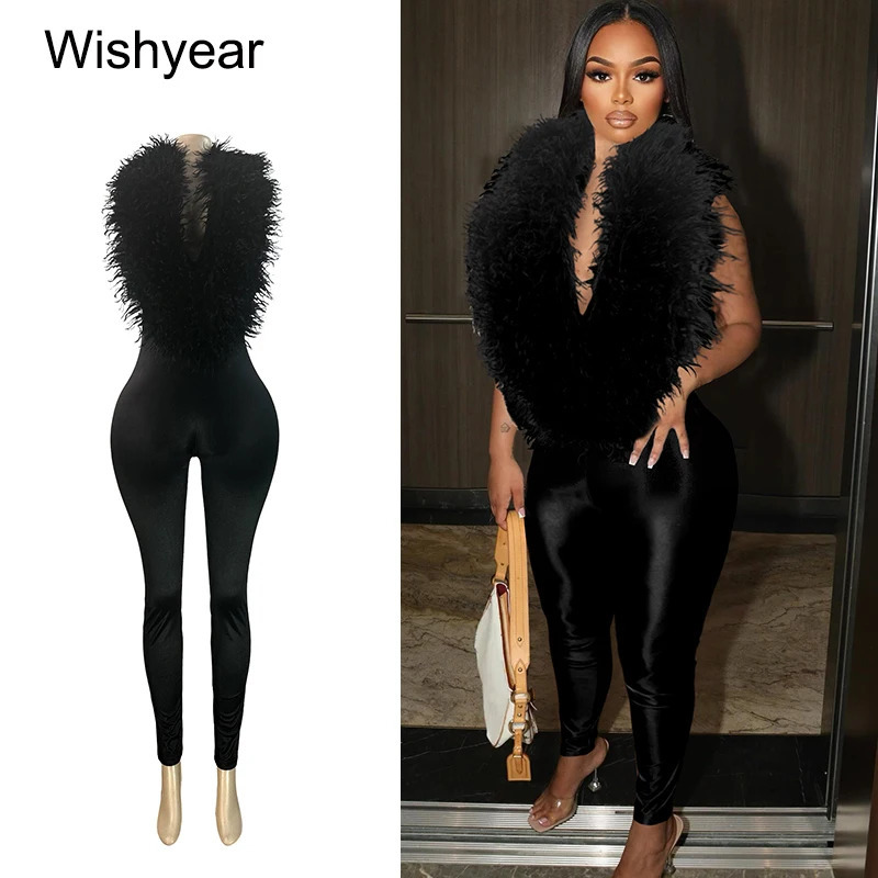 Girls Halter V Neck Furry Skinny Jumpsuits Women One Piece Open Back Fitted Feather Playsuit Romper Sexy Night Club Overalls 261016