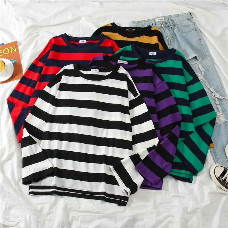 Fashion Classic Striped Long Sleeved Youth Mens TShirt Loose Artistic Base Top Spring and Autumn Casual Sports Style Mens Top 261016