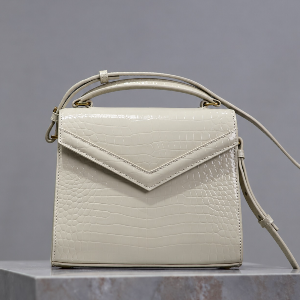 Structured Top Handle Satchel Bag Croc Embossed Leather V Flap Turn Lock Shoulder Purse Chic Daily Style Top-Tier Designer Bag