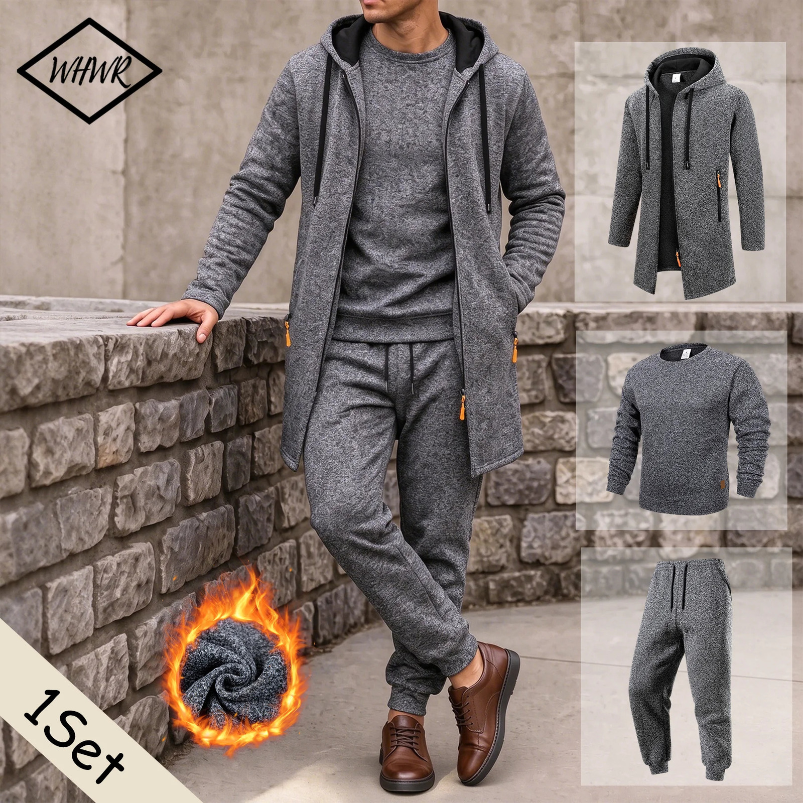 Mens 3 Piece Tracksuit Set Longline Full Zip Hoodie Crew Neck Sweatshirt Joggers Casual Sweat Suit with Pockets 261017